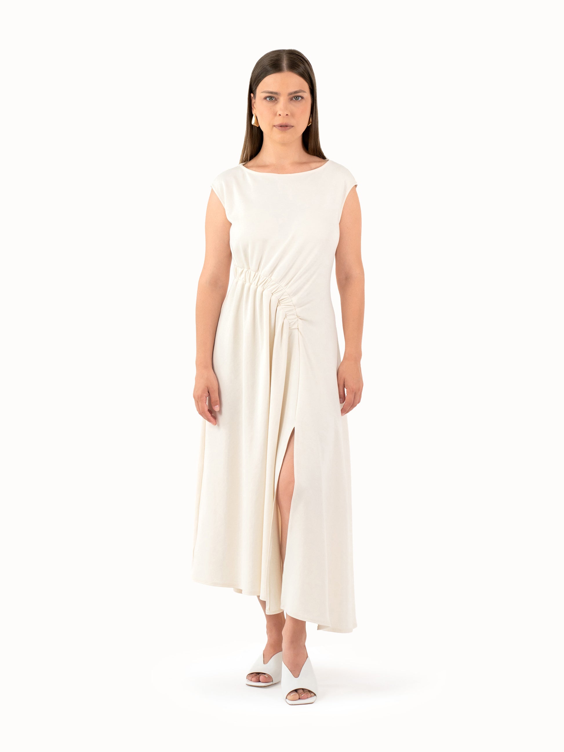 The Ruched Jersey Midi Dress – Ivory Petite