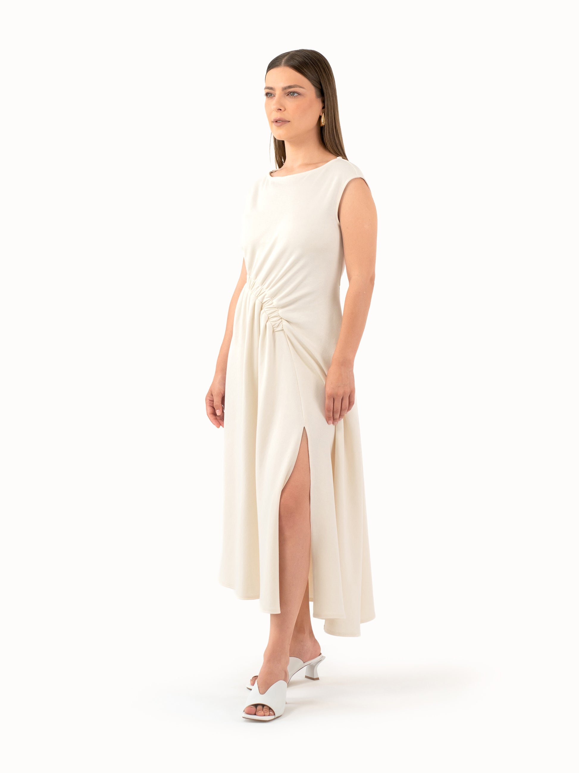 The Ruched Jersey Midi Dress – Ivory Petite