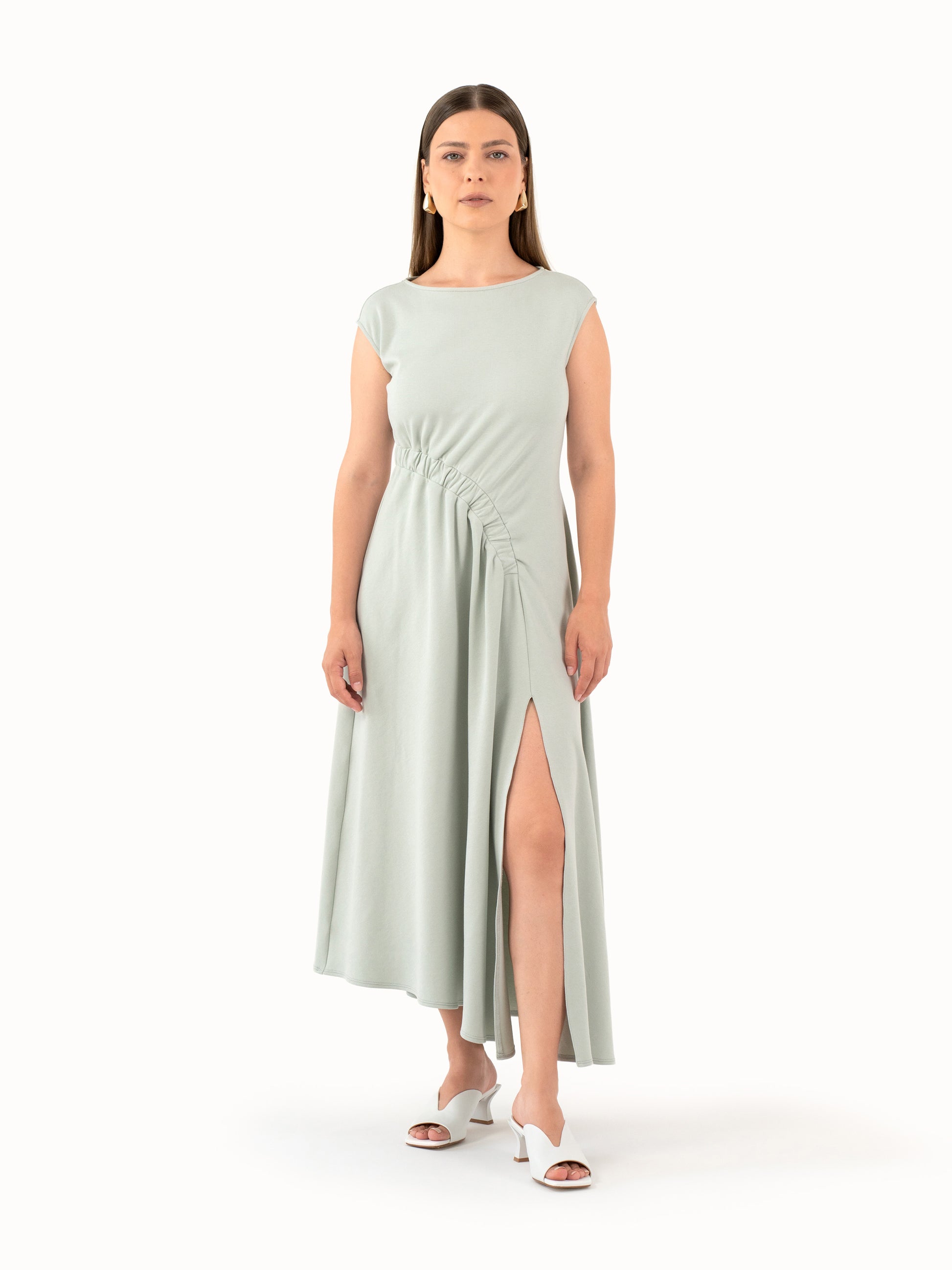 The Ruched Jersey Midi Dress – Mint Green Petite