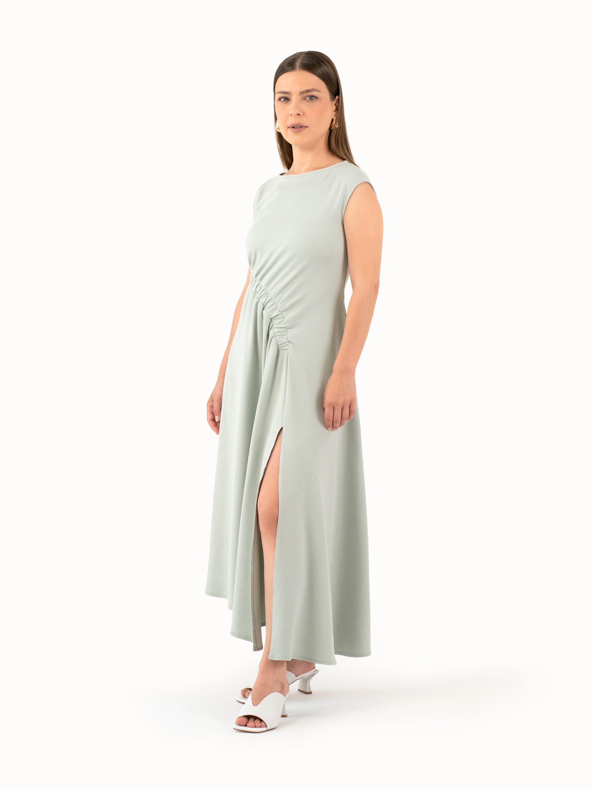 The Ruched Jersey Midi Dress – Mint Green Petite