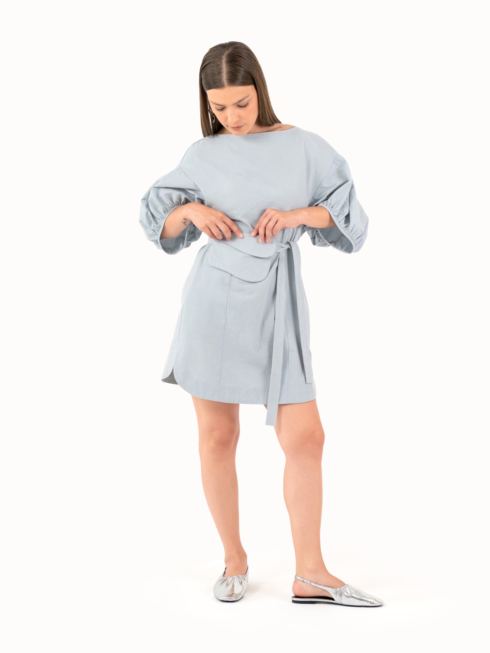 The Belted Cotton Mini Dress – Sky Blue Petite