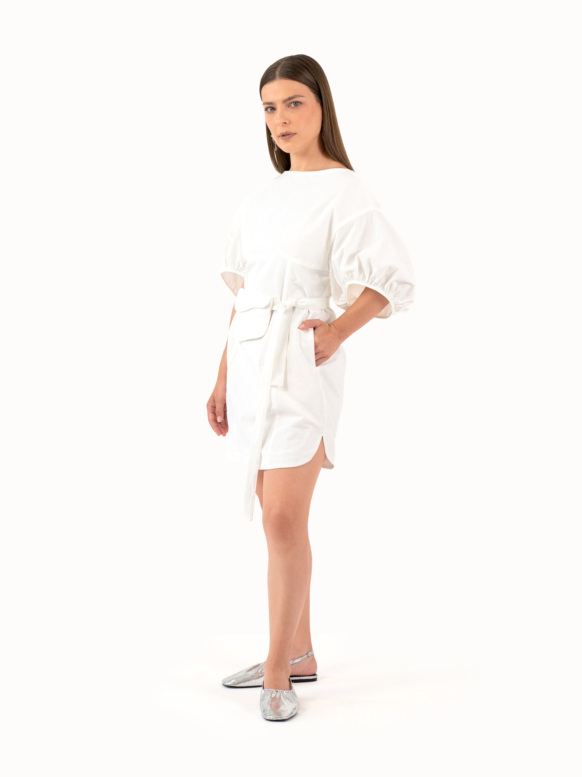 The Belted Cotton Mini Dress – White Petite