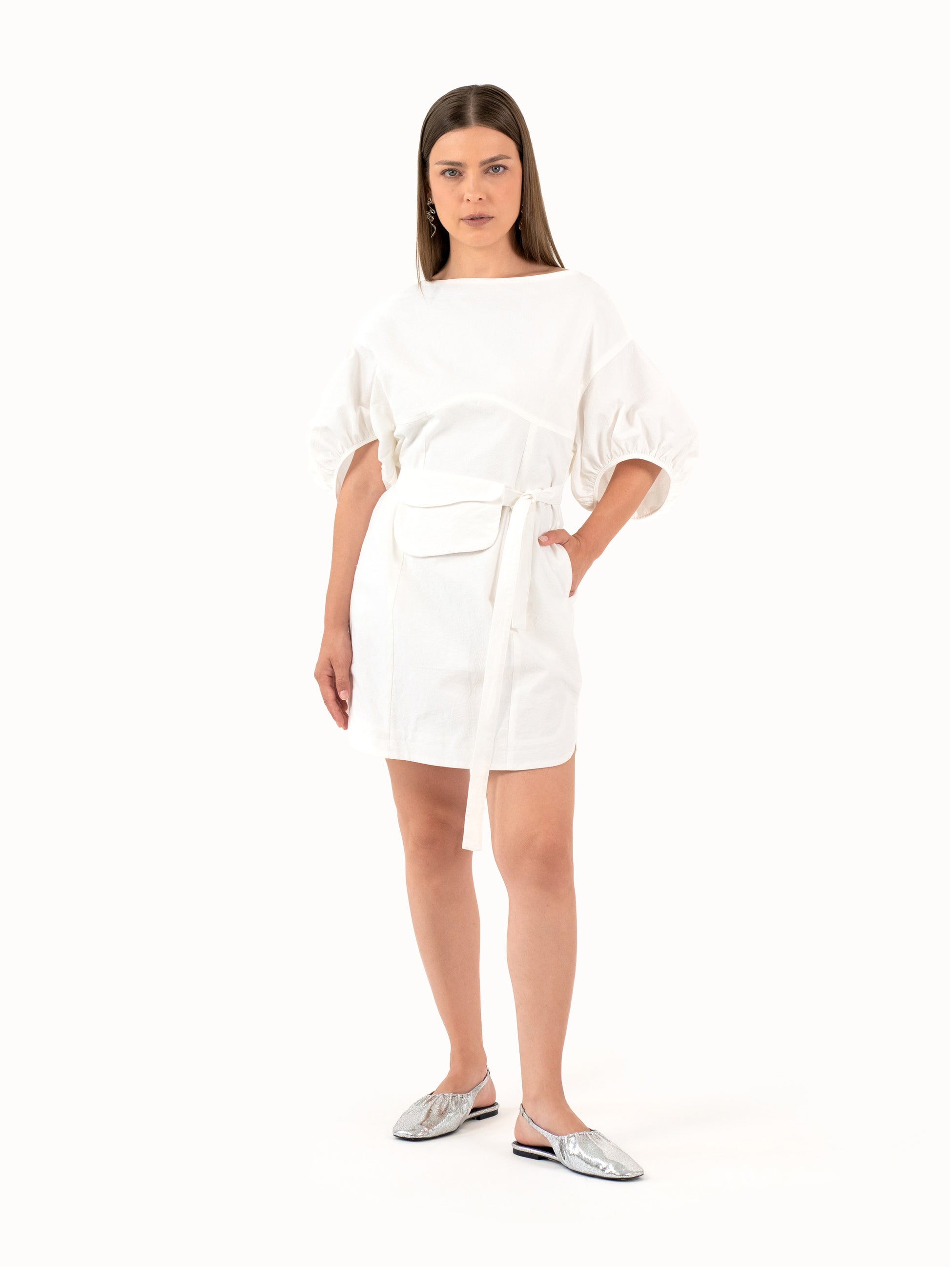 The Belted Cotton Mini Dress – White Petite