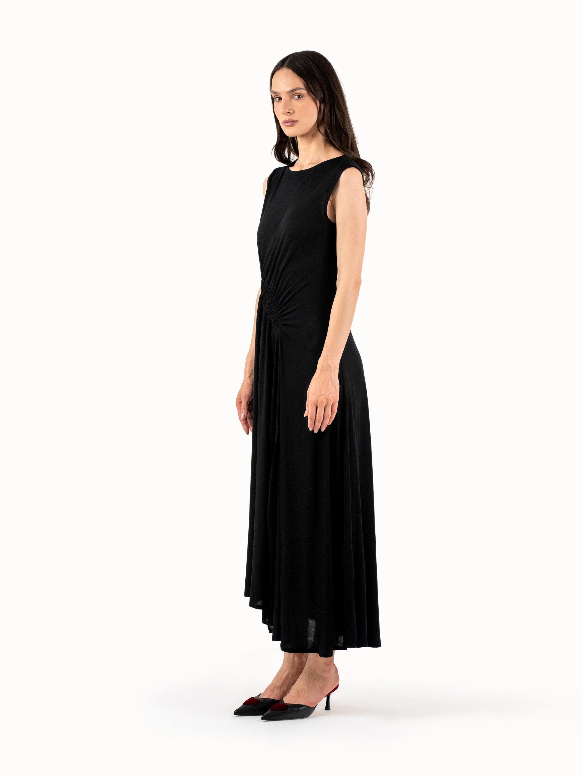 The Ruched Jersey Midi Dress – Black