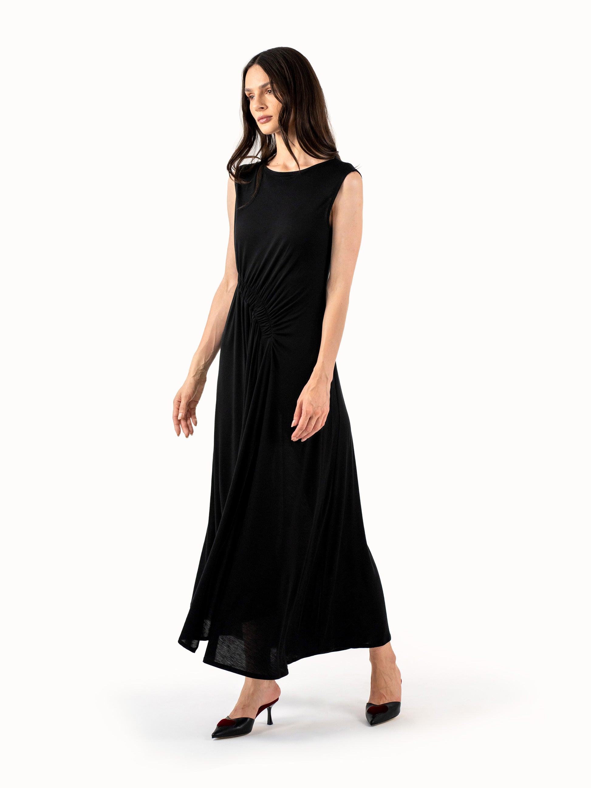 The Ruched Jersey Midi Dress – Black