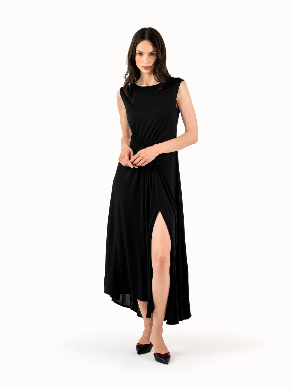 The Ruched Jersey Midi Dress – Black