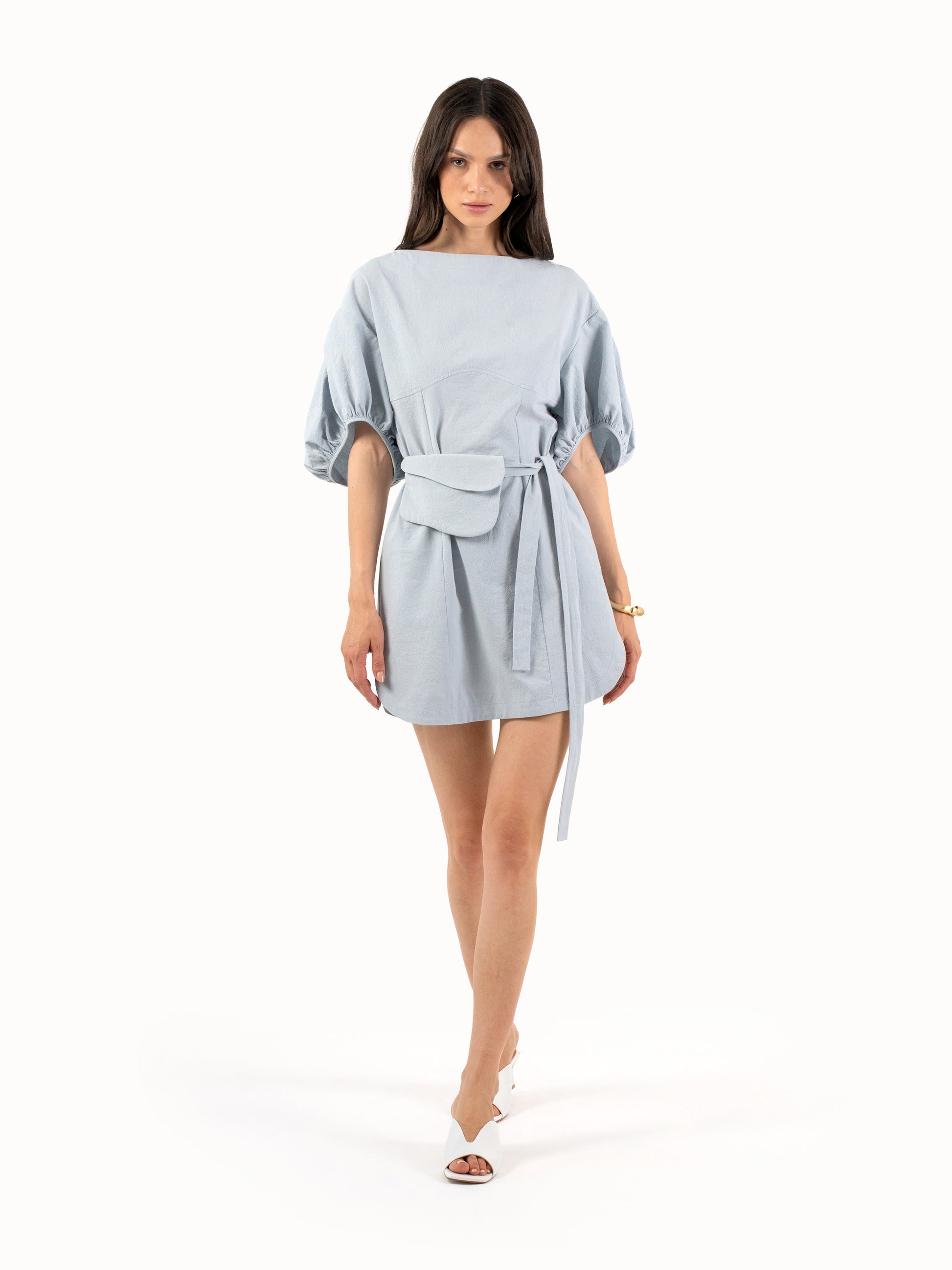 The Belted Cotton Mini Dress – Sky Blue