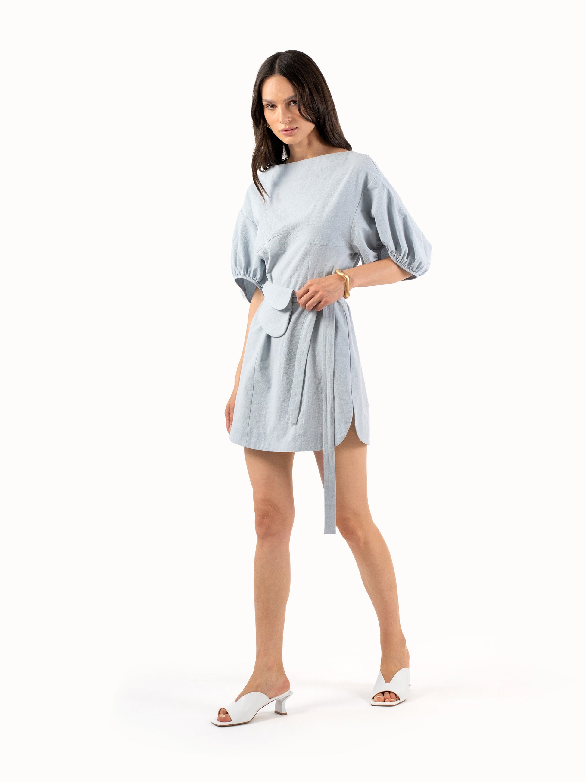 The Belted Cotton Mini Dress – Sky Blue