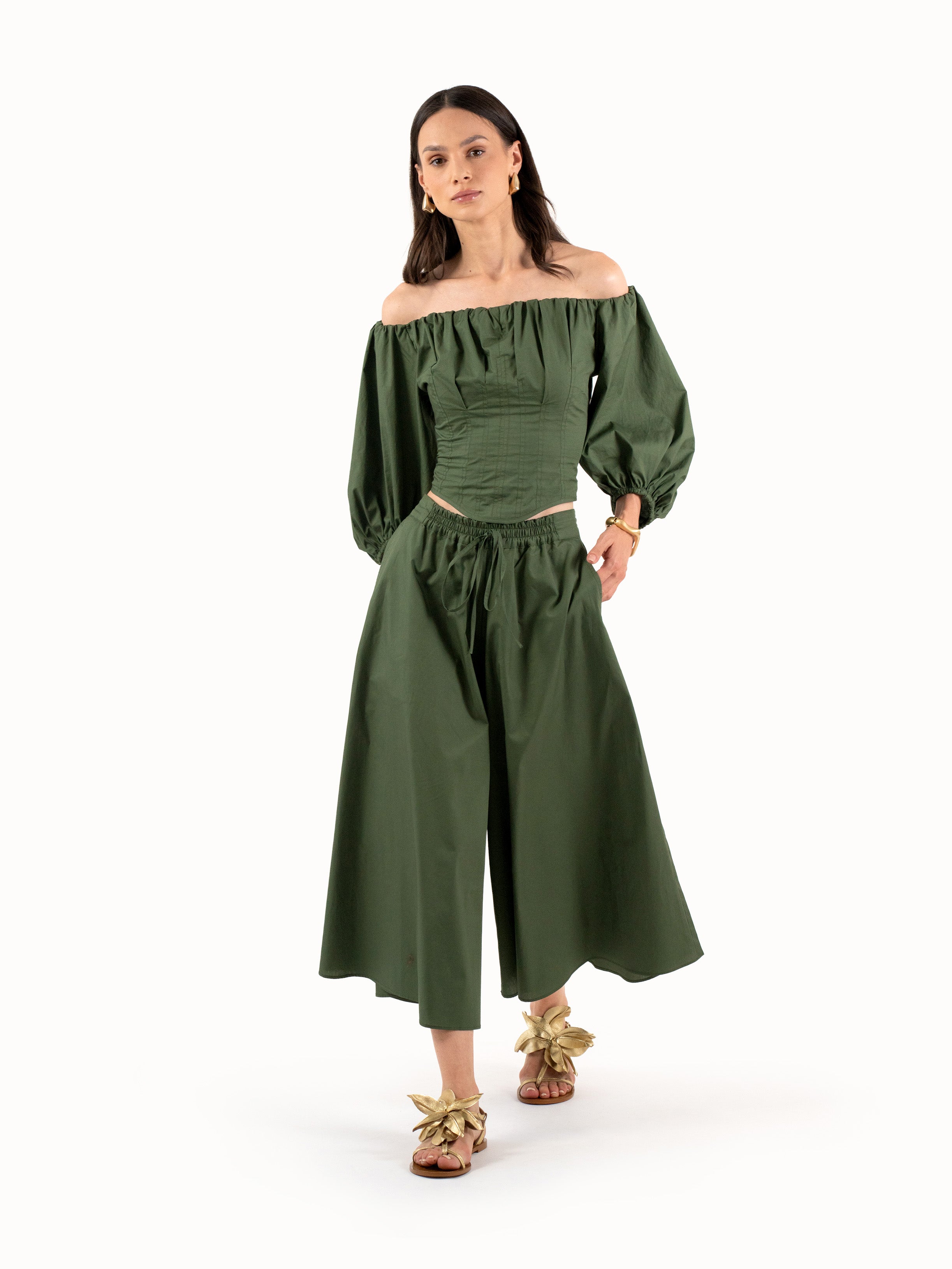 The Cropped Wide-Leg Trousers - Forest Green